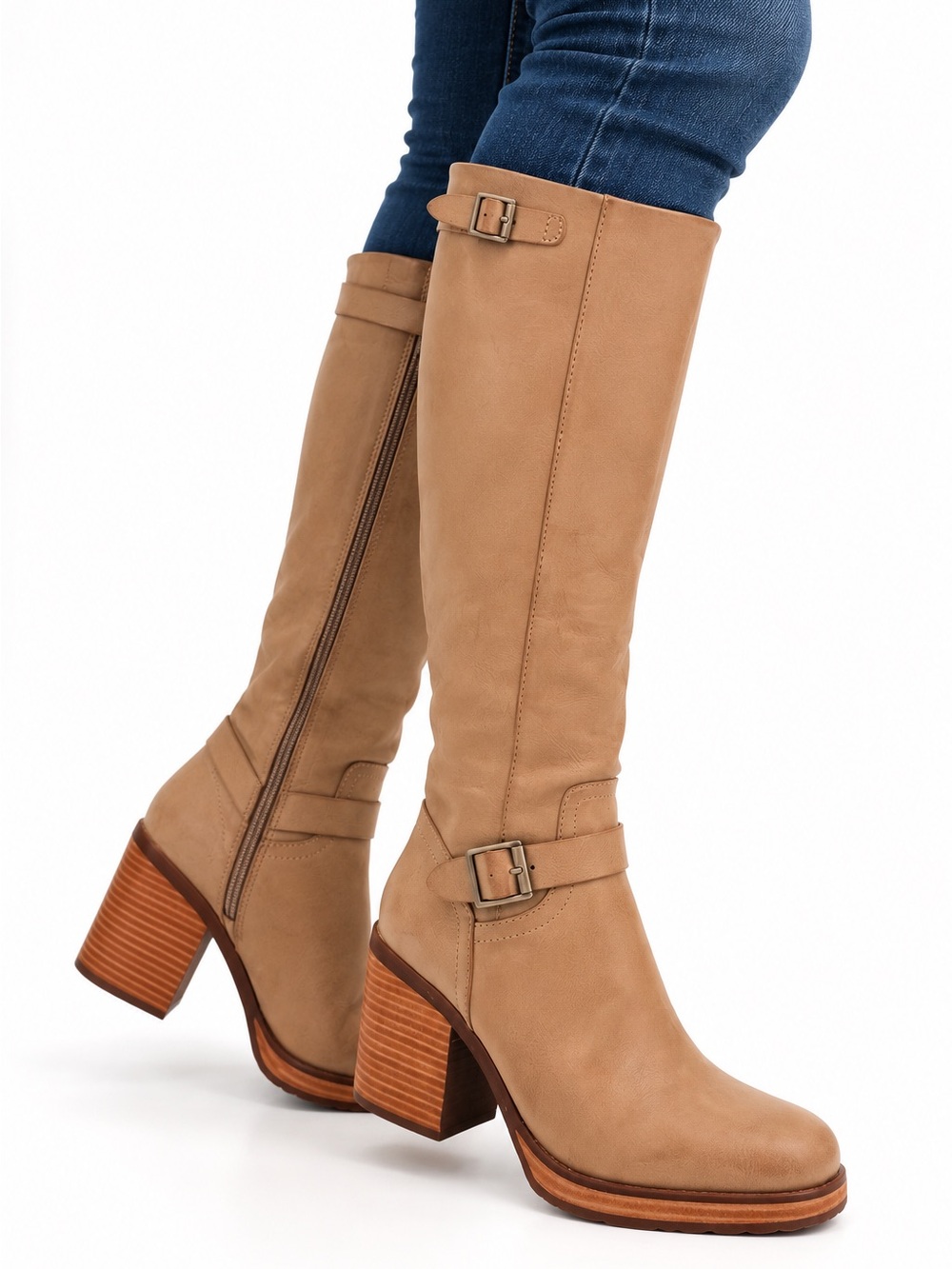 KORK-EASE Karalyn Tan Knee High Riding Boots Buckle Block Heel NWT